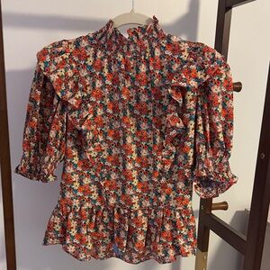 English Factory Floral Ruffle Blouse - Red and Blue
